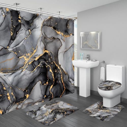 BayNook 4PCS Black Grey Marble Bathroom Sets with Shower Curtain and Rugs Abstract Shower Curtain Sets with Rugs Modern Bathroom Curtains Shower Set Accessories with Toilet Lid Cover - Image 1