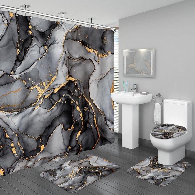 BayNook 4PCS Black Grey Marble Bathroom Sets with Shower Curtain and Rugs Abstract Shower Curtain Sets with Rugs Modern Bathroom Curtains Shower Set Accessories with Toilet Lid Cover - Image 2