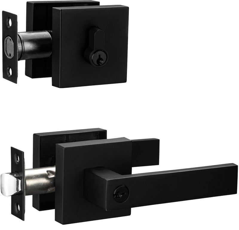Berlin Modisch Contemporary Square Entry Lever Door Handle and Single Cylinder Deadbolt Locking Lever Handle Set [Front Door or Office] Right & Left Sided Doors Heavy Duty – Iron Black Finish - Image 1