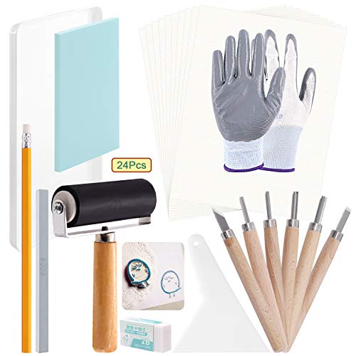 Keadic 24 Pieces Rubber Block Stamps Carving Starter Tool Kit, Comes with Stamp Block, Ink Roller, 6 Carving Tools, Tracing Papers, Pencil & Ink Mixing Tray for Stamp Carving and Printmaking - Image 1
