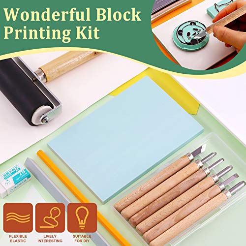 Keadic 24 Pieces Rubber Block Stamps Carving Starter Tool Kit, Comes with Stamp Block, Ink Roller, 6 Carving Tools, Tracing Papers, Pencil & Ink Mixing Tray for Stamp Carving and Printmaking - Image 3