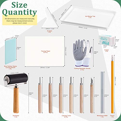 Keadic 24 Pieces Rubber Block Stamps Carving Starter Tool Kit, Comes with Stamp Block, Ink Roller, 6 Carving Tools, Tracing Papers, Pencil & Ink Mixing Tray for Stamp Carving and Printmaking - Image 2