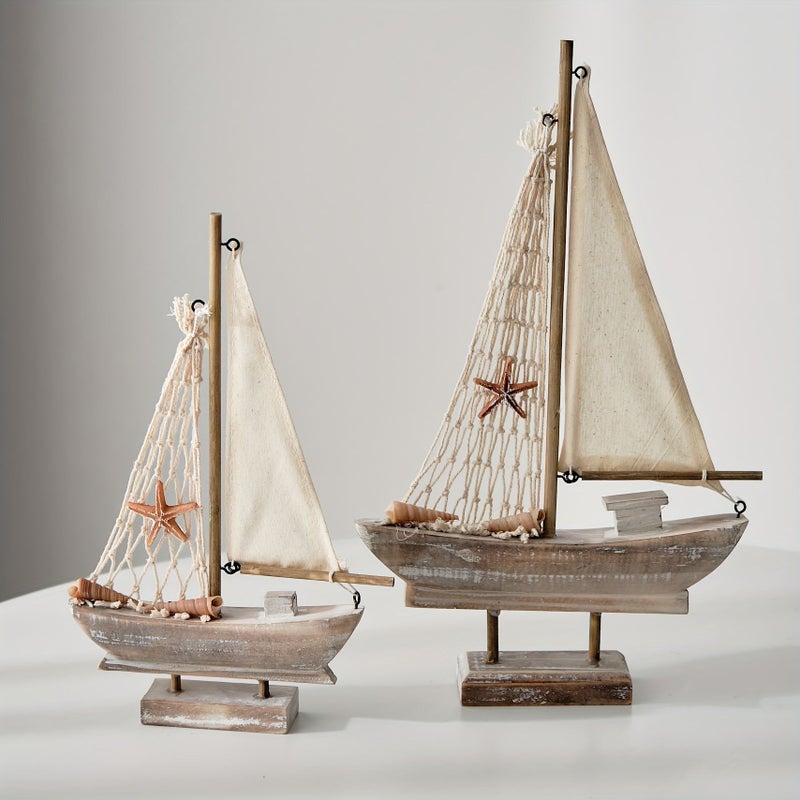 1pc Trumpet Wooden Sailboat And Mediterranean Fishing Boat Model Rustic Nautical Home Decor With Starfish Net Small Wooden Boat Ideal For Coastal Or Beach Themed Spaces Decorative Accessory For Room Decor And Event Pairing - Image 4