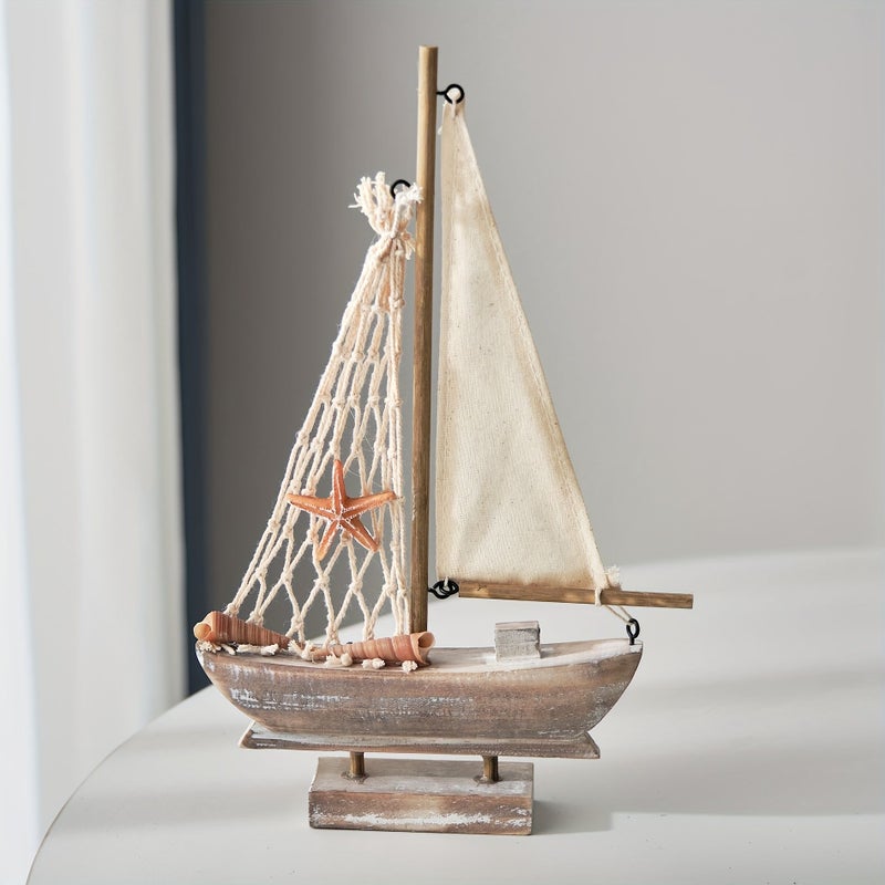 1pc Trumpet Wooden Sailboat And Mediterranean Fishing Boat Model Rustic Nautical Home Decor With Starfish Net Small Wooden Boat Ideal For Coastal Or Beach Themed Spaces Decorative Accessory For Room Decor And Event Pairing - Image 5
