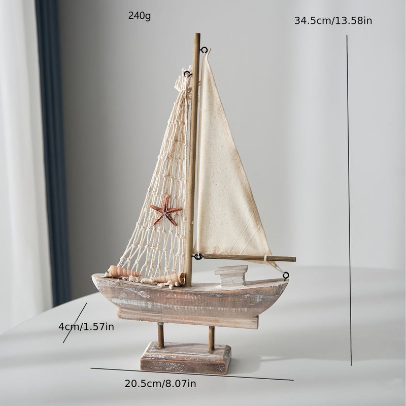 1pc Trumpet Wooden Sailboat And Mediterranean Fishing Boat Model Rustic Nautical Home Decor With Starfish Net Small Wooden Boat Ideal For Coastal Or Beach Themed Spaces Decorative Accessory For Room Decor And Event Pairing - Image 3
