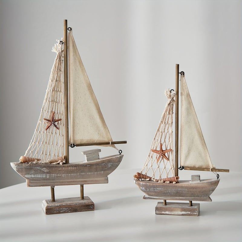 1pc Trumpet Wooden Sailboat And Mediterranean Fishing Boat Model Rustic Nautical Home Decor With Starfish Net Small Wooden Boat Ideal For Coastal Or Beach Themed Spaces Decorative Accessory For Room Decor And Event Pairing - Image 1