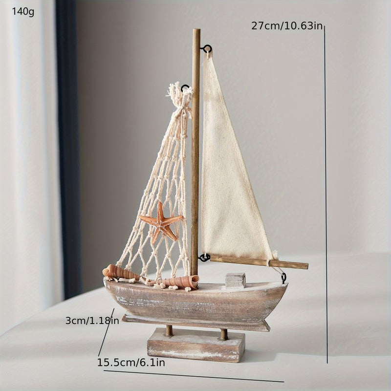 1pc Trumpet Wooden Sailboat And Mediterranean Fishing Boat Model Rustic Nautical Home Decor With Starfish Net Small Wooden Boat Ideal For Coastal Or Beach Themed Spaces Decorative Accessory For Room Decor And Event Pairing - Image 2
