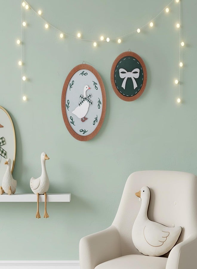 AceOrbit 2 Pcs Goose Nursery Decor, Wood Vintage Silly Goose Wall Art, Funny Duck with Green Bow, Cute Duck Decor, Wooden Round Framed Wall Hanging Decoration for Nursery Baby Room Playroom Bedroom - Image 4