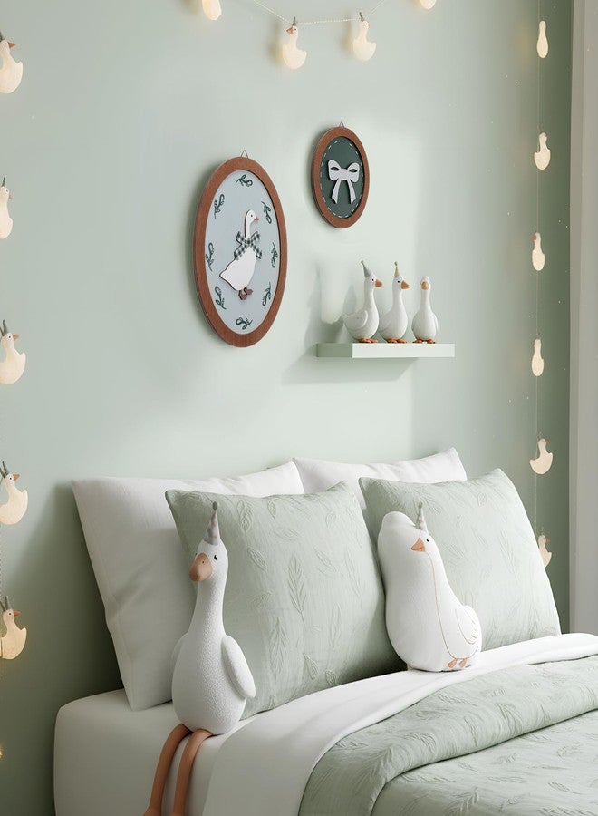 AceOrbit 2 Pcs Goose Nursery Decor, Wood Vintage Silly Goose Wall Art, Funny Duck with Green Bow, Cute Duck Decor, Wooden Round Framed Wall Hanging Decoration for Nursery Baby Room Playroom Bedroom - Image 5