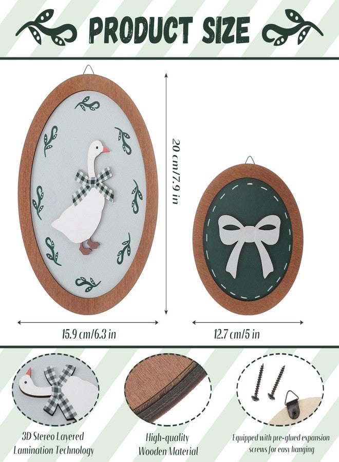 AceOrbit 2 Pcs Goose Nursery Decor, Wood Vintage Silly Goose Wall Art, Funny Duck with Green Bow, Cute Duck Decor, Wooden Round Framed Wall Hanging Decoration for Nursery Baby Room Playroom Bedroom - Image 2