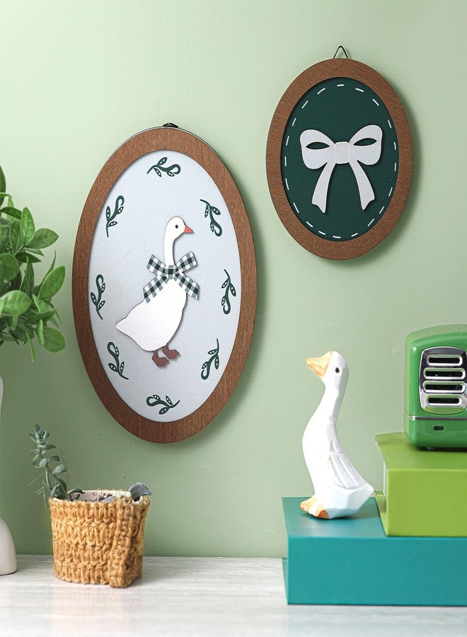 AceOrbit 2 Pcs Goose Nursery Decor, Wood Vintage Silly Goose Wall Art, Funny Duck with Green Bow, Cute Duck Decor, Wooden Round Framed Wall Hanging Decoration for Nursery Baby Room Playroom Bedroom - Image 3