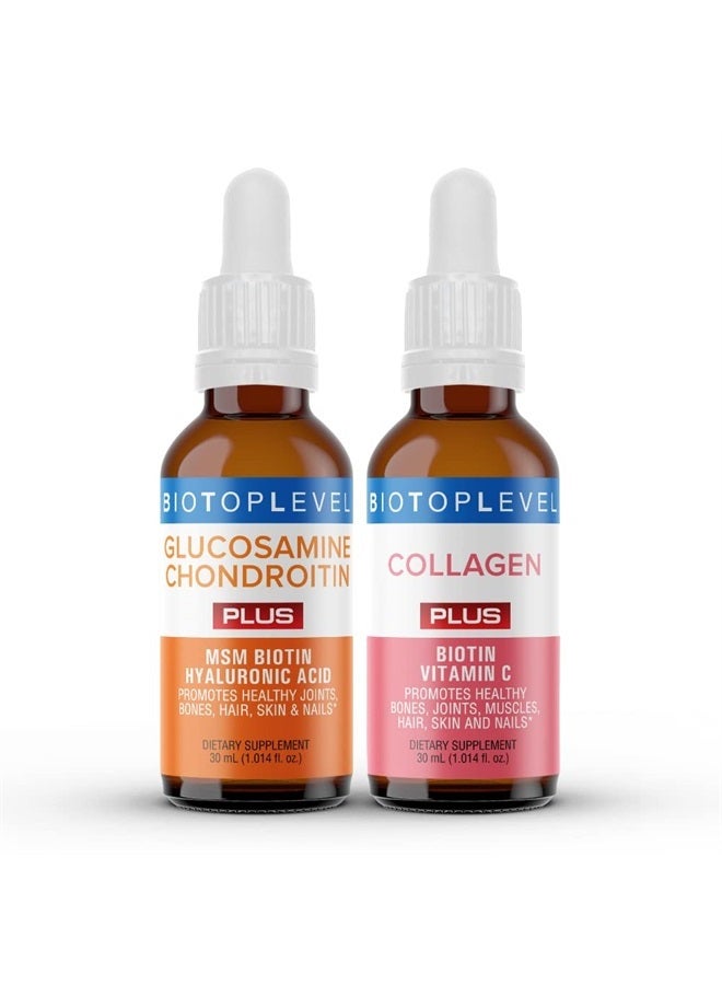 BIOTOPLEVEL Best Combination (Bundle) for The Good Health of Joints, Bones, Muscles, Hair, Skin and Nails - Glucosamine, Chondroitin, Collagen, Biotin, Hyaluronic Acid, MSM and Vitamin C - Image 1