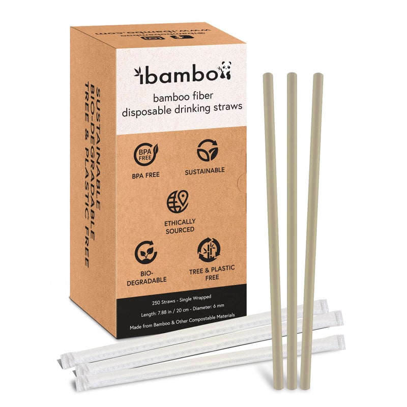 Ibambo Powder Bamboo Straws (250-Pack) - 7.88"" Disposable Straws Individually Wrapped | 100% Compostable | Durable & Biodegradable | Made for Hot & Cold Drinks | Perfect for Weddings  Parties & Events - Image 1
