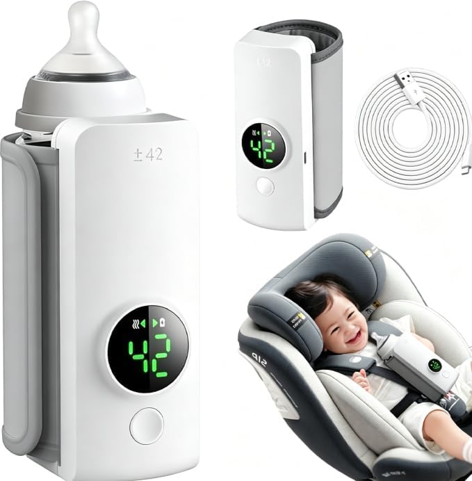 LYAROMIS سخان زجاجات محمول للسفر، تسخين الحليب ببطارية 3000 مللي أمبير * 2 تعمل بالطاقة، شحن سريع عبر USB، عرض رقمي لدرجة الحرارة، حرارة ثابتة، تغذية مريحة للطفل أثناء التنقل - Image 1