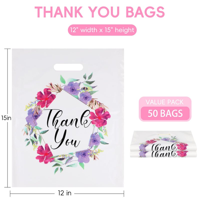 POPGIFTU Floral Plastic Thank You Gift Bags Bulk - 12"x15" Merchandise Retail Shopping Bags with Die-Cut Handles, 50 Pack - Perfect for Small Businesses, Boutiques, Clothing Stores, Weddings, Party Favors - Image 2