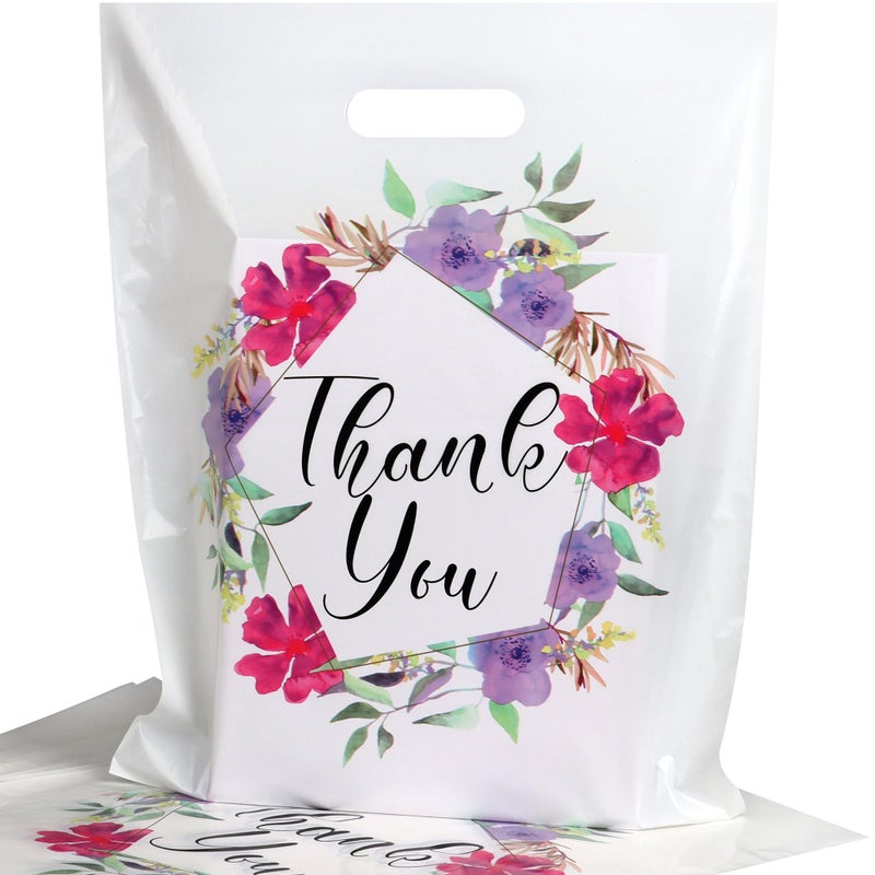 POPGIFTU Floral Plastic Thank You Gift Bags Bulk - 12"x15" Merchandise Retail Shopping Bags with Die-Cut Handles, 50 Pack - Perfect for Small Businesses, Boutiques, Clothing Stores, Weddings, Party Favors - Image 1
