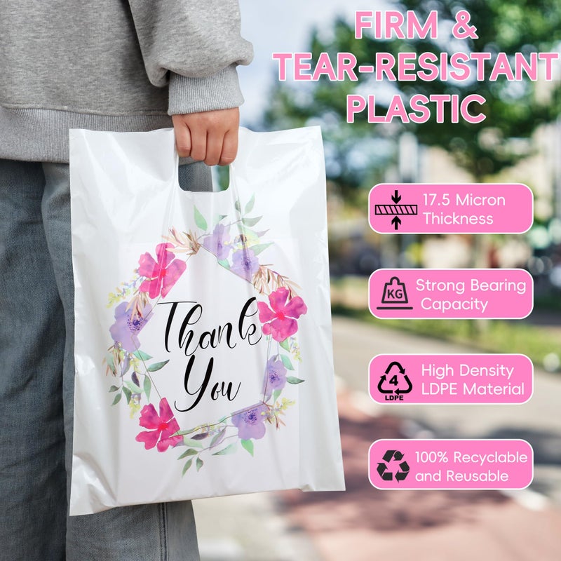 POPGIFTU Floral Plastic Thank You Gift Bags Bulk - 12"x15" Merchandise Retail Shopping Bags with Die-Cut Handles, 50 Pack - Perfect for Small Businesses, Boutiques, Clothing Stores, Weddings, Party Favors - Image 3