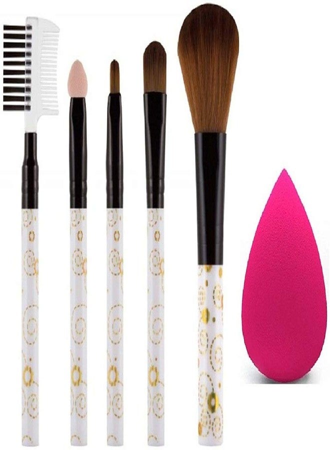 Women's & Girl's White Colour Makeup Brushes with 1 Pink Beauty Blender - Set of 6 - Image 1