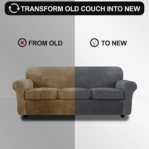 FestiCorp 4 Piece Velvet Sofa Cover, Couch Covers for 3 Cushion Sofas with Cushions, Stretch Slipcovers Thick Furniture Protector Dogs Pets, Sofa, Grey - Image 5
