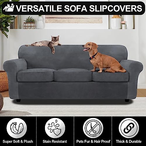 FestiCorp 4 Piece Velvet Sofa Cover, Couch Covers for 3 Cushion Sofas with Cushions, Stretch Slipcovers Thick Furniture Protector Dogs Pets, Sofa, Grey - Image 4