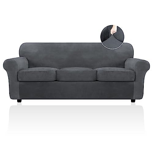 FestiCorp 4 Piece Velvet Sofa Cover, Couch Covers for 3 Cushion Sofas with Cushions, Stretch Slipcovers Thick Furniture Protector Dogs Pets, Sofa, Grey - Image 1
