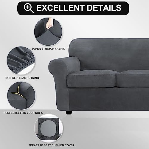 FestiCorp 4 Piece Velvet Sofa Cover, Couch Covers for 3 Cushion Sofas with Cushions, Stretch Slipcovers Thick Furniture Protector Dogs Pets, Sofa, Grey - Image 2