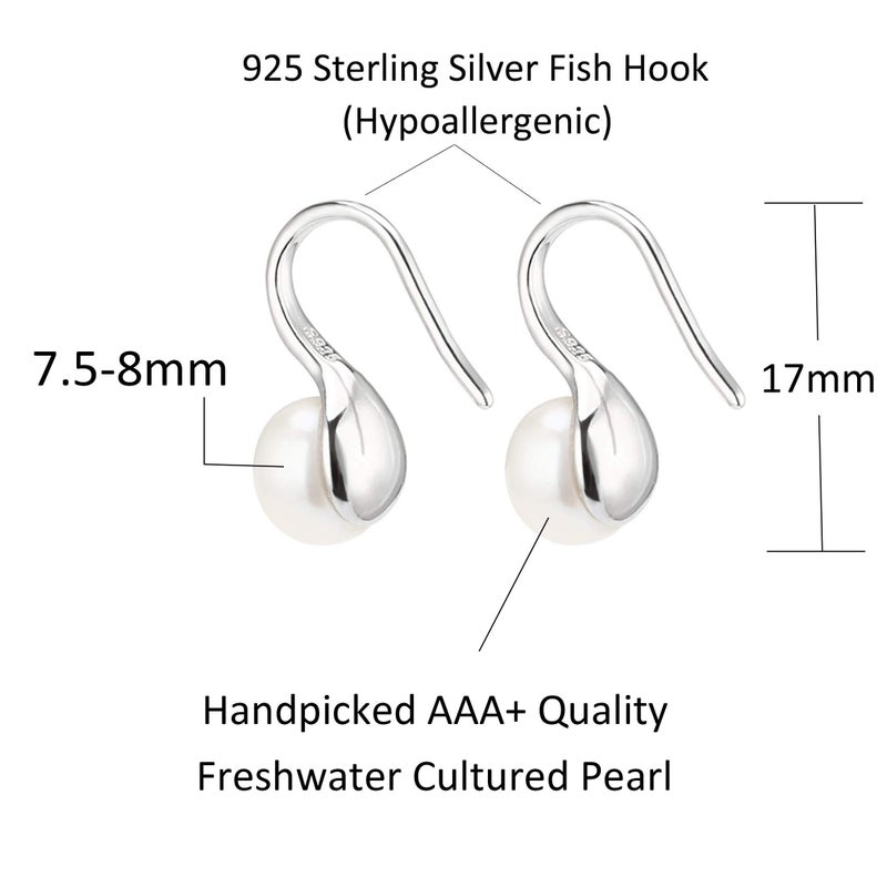 PEARLADA 925 Sterling Silver Hoop Handpicked AAA+ Quality 7.5-8mm White Freshwater Cultured Pearl Dangle Drop Earrings Jewelry for Women - Image 3