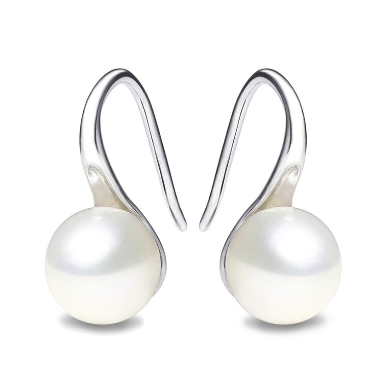 PEARLADA 925 Sterling Silver Hoop Handpicked AAA+ Quality 7.5-8mm White Freshwater Cultured Pearl Dangle Drop Earrings Jewelry for Women - Image 1