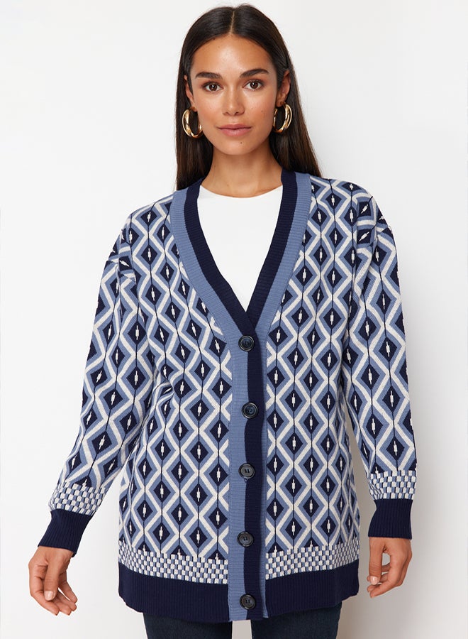 trendyol Navy Blue Jacquard Button Detailed Knitwear Cardigan TCTAW22TH0013 - Image 3