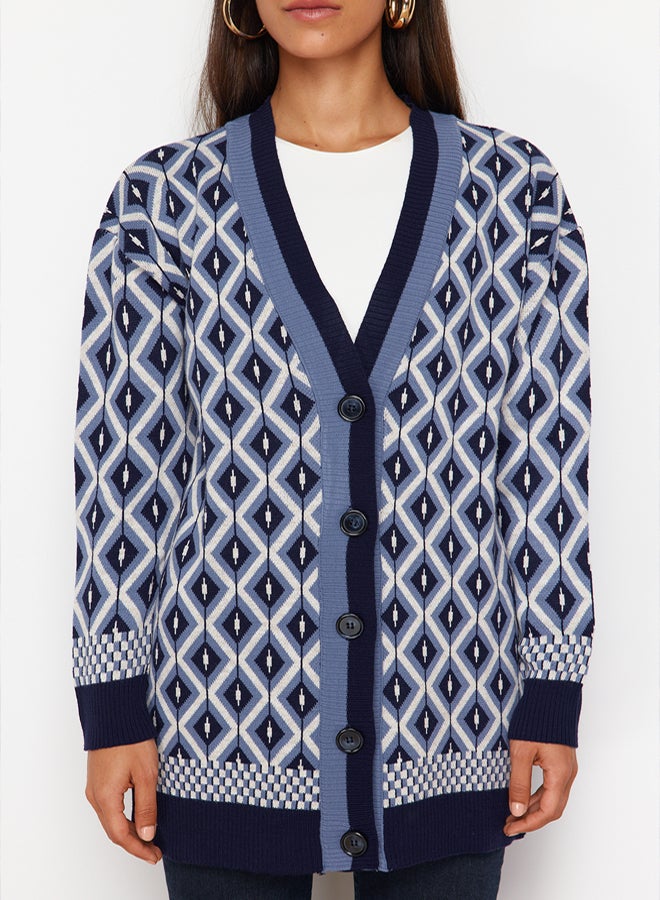 trendyol Navy Blue Jacquard Button Detailed Knitwear Cardigan TCTAW22TH0013 - Image 4