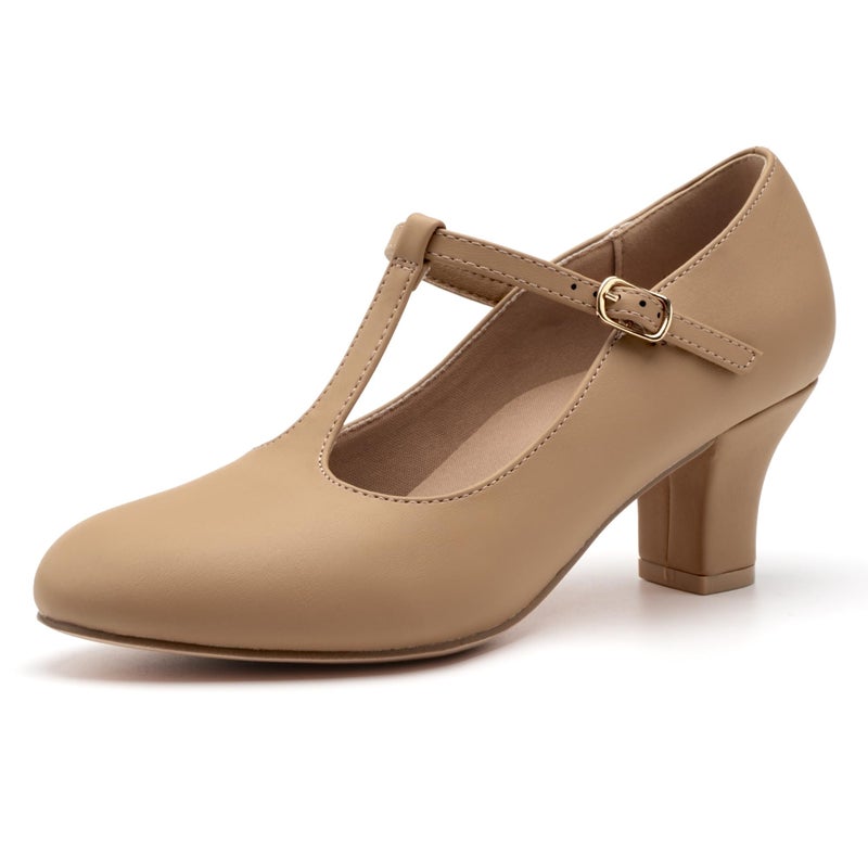 Stelle 2.5" Character Shoes for Women T-Strap Dance Heels for Ballroom Salsa Tango Wedding Flamenco Latin (2.5" Tan,8MW) - Image 1