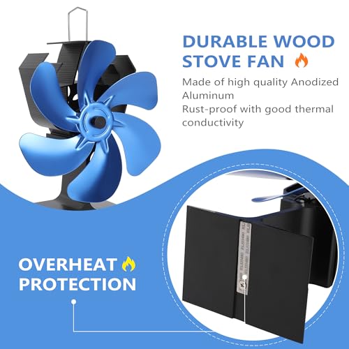 XTIMES Wood Stove Fan Heat Powered Fireplace Fan with Magnetic Thermometer Thermoelectric Fan for Wood Burning Stove/Pellet/Log Burner (Blue) - Image 5