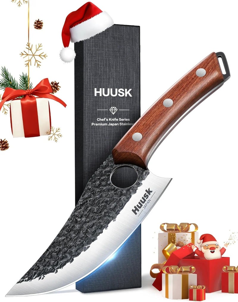 Huusk Viking Knife, Japanese Butcher Knife for Meat Cutting, Hand Forged Boning Knives with Ergonomic Wood Handle, High Carbon Steel Japanese Chef Knives for Camping, BBQ, Men's Christmas Gifts - Image 1