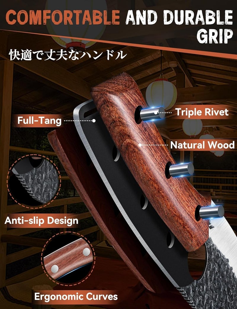 Huusk Viking Knife, Japanese Butcher Knife for Meat Cutting, Hand Forged Boning Knives with Ergonomic Wood Handle, High Carbon Steel Japanese Chef Knives for Camping, BBQ, Men's Christmas Gifts - Image 4