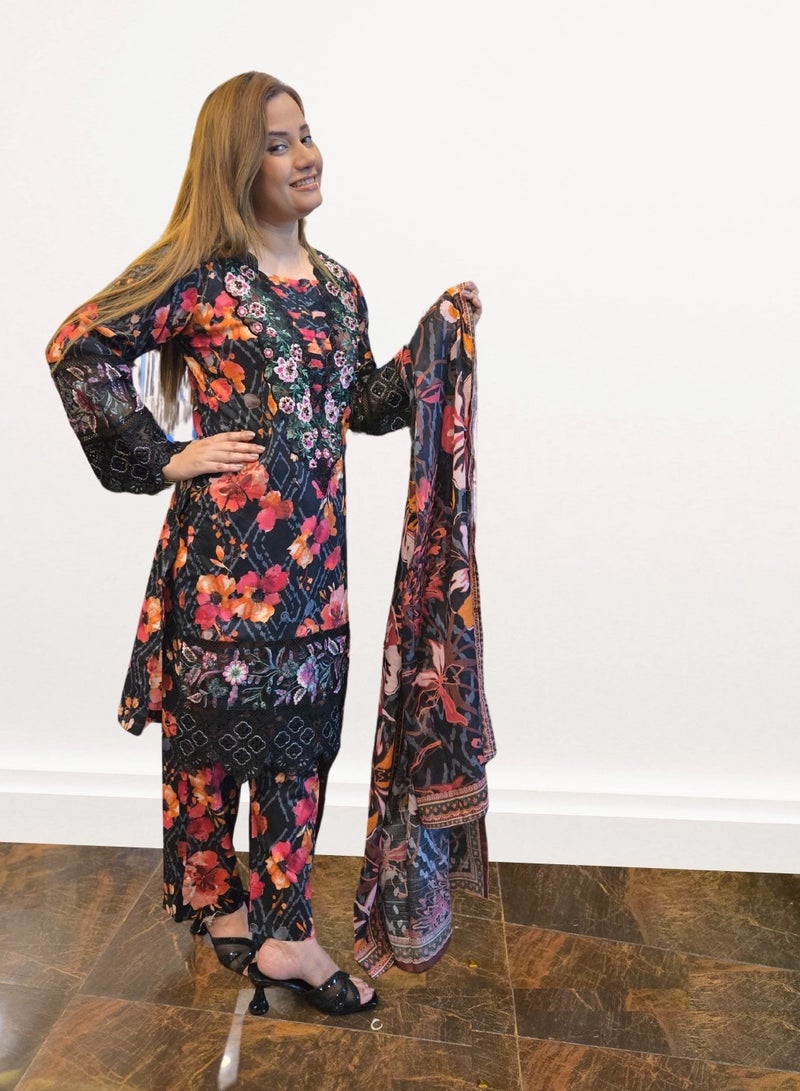 Winchell's Black Floral Embroidered 3-Piece Suit with Thread, Stone & Pearl Detailing – Includes Dupatta- Small - Image 1