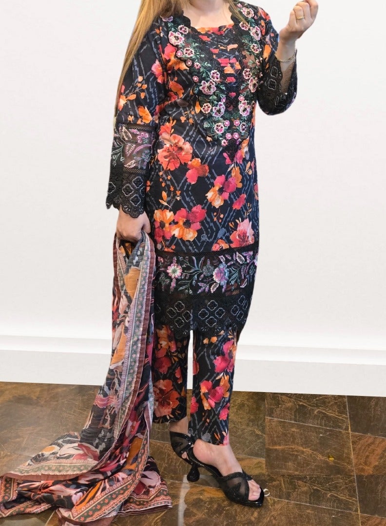 Winchell's Black Floral Embroidered 3-Piece Suit with Thread, Stone & Pearl Detailing – Includes Dupatta- Small - Image 2