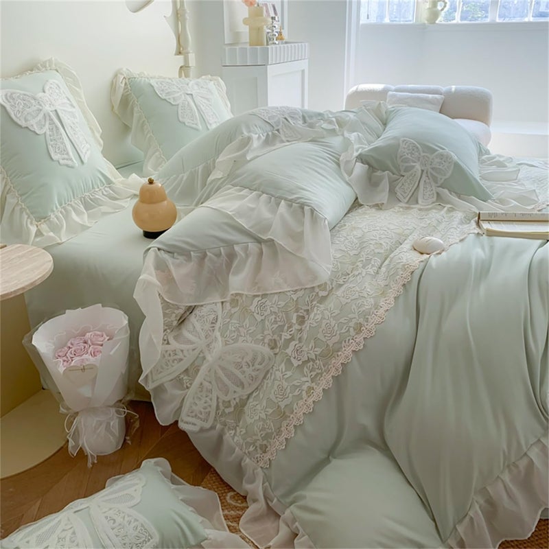 MOOWOO Duvet Cover Queen Size,Chic Lace 3 Pieces Comforter Cover with Bowknot Bow Tie (1 Duvet Cover 90x90 Inch, 2 Pillowcases) Soft Washed Microfiber Ruffled Bedding Set,Aesthetic Bedding -Green,Queen Size - Image 5