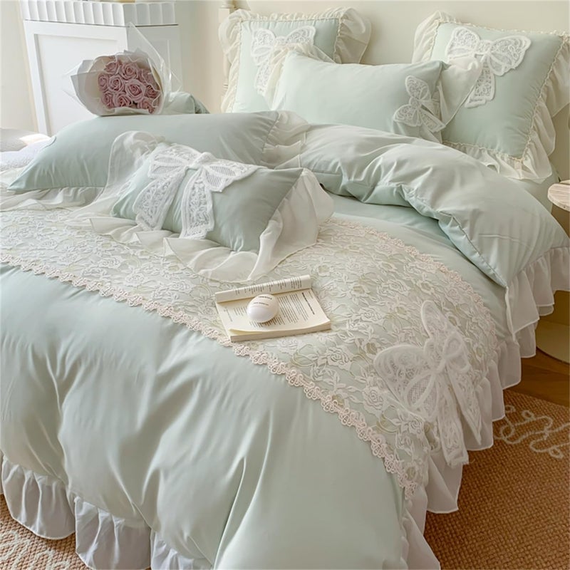 MOOWOO Duvet Cover Queen Size,Chic Lace 3 Pieces Comforter Cover with Bowknot Bow Tie (1 Duvet Cover 90x90 Inch, 2 Pillowcases) Soft Washed Microfiber Ruffled Bedding Set,Aesthetic Bedding -Green,Queen Size - Image 1