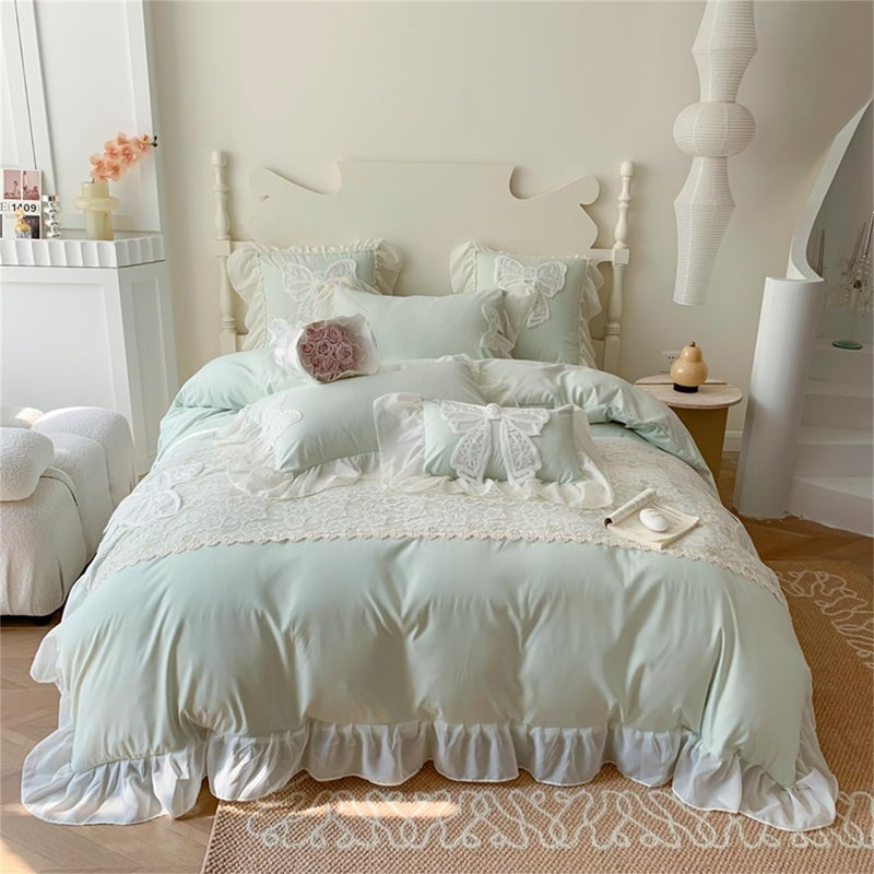 MOOWOO Duvet Cover Queen Size,Chic Lace 3 Pieces Comforter Cover with Bowknot Bow Tie (1 Duvet Cover 90x90 Inch, 2 Pillowcases) Soft Washed Microfiber Ruffled Bedding Set,Aesthetic Bedding -Green,Queen Size - Image 2