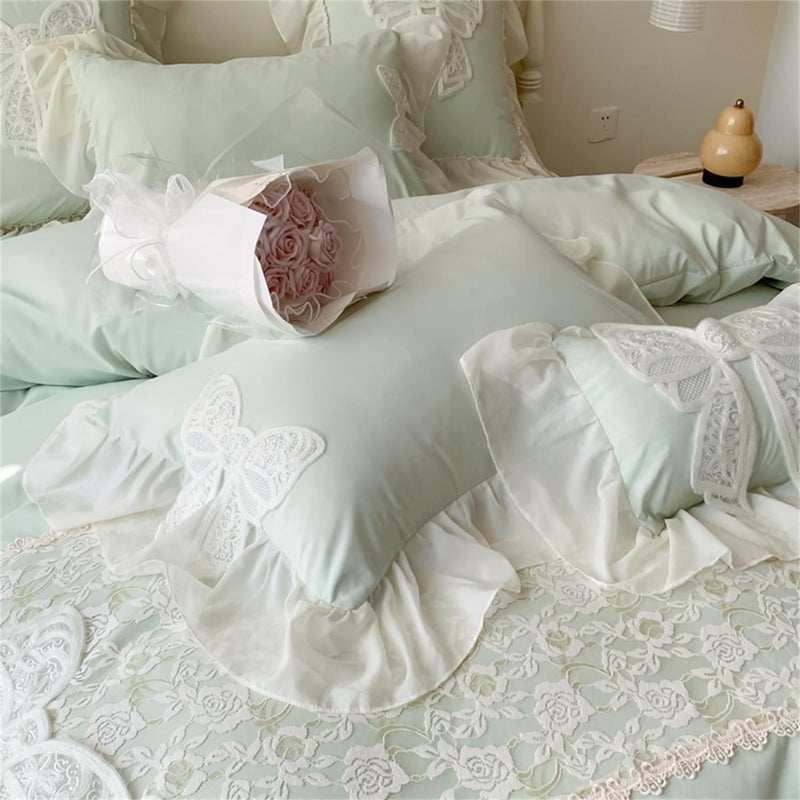 MOOWOO Duvet Cover Queen Size,Chic Lace 3 Pieces Comforter Cover with Bowknot Bow Tie (1 Duvet Cover 90x90 Inch, 2 Pillowcases) Soft Washed Microfiber Ruffled Bedding Set,Aesthetic Bedding -Green,Queen Size - Image 4