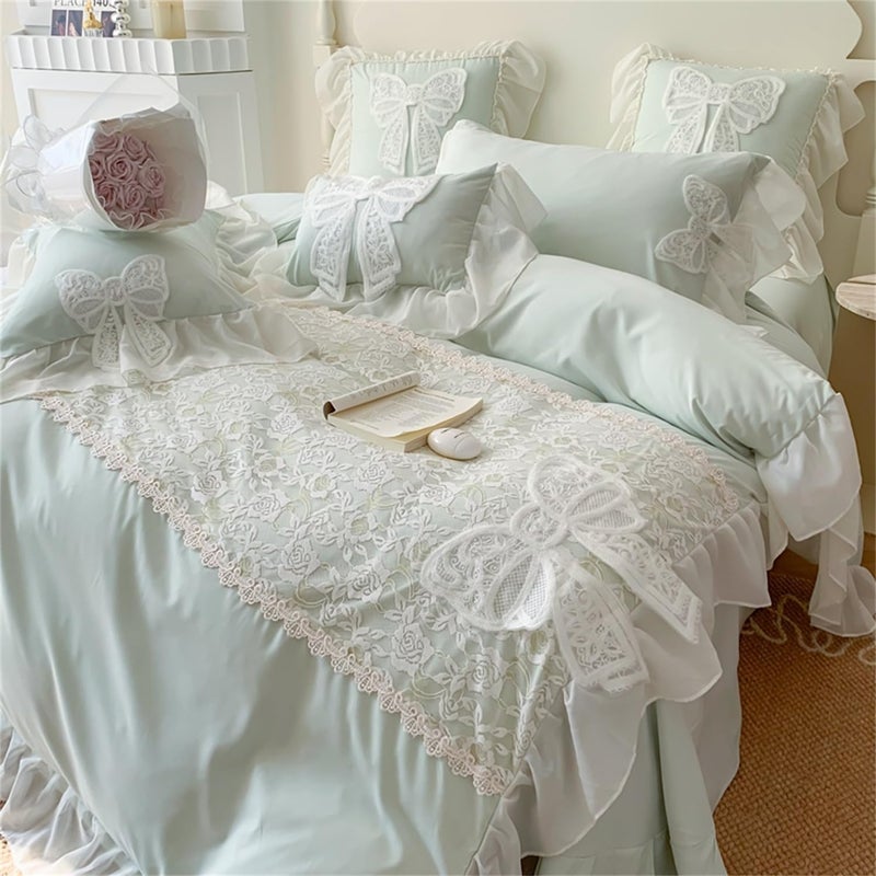 MOOWOO Duvet Cover Queen Size,Chic Lace 3 Pieces Comforter Cover with Bowknot Bow Tie (1 Duvet Cover 90x90 Inch, 2 Pillowcases) Soft Washed Microfiber Ruffled Bedding Set,Aesthetic Bedding -Green,Queen Size - Image 3