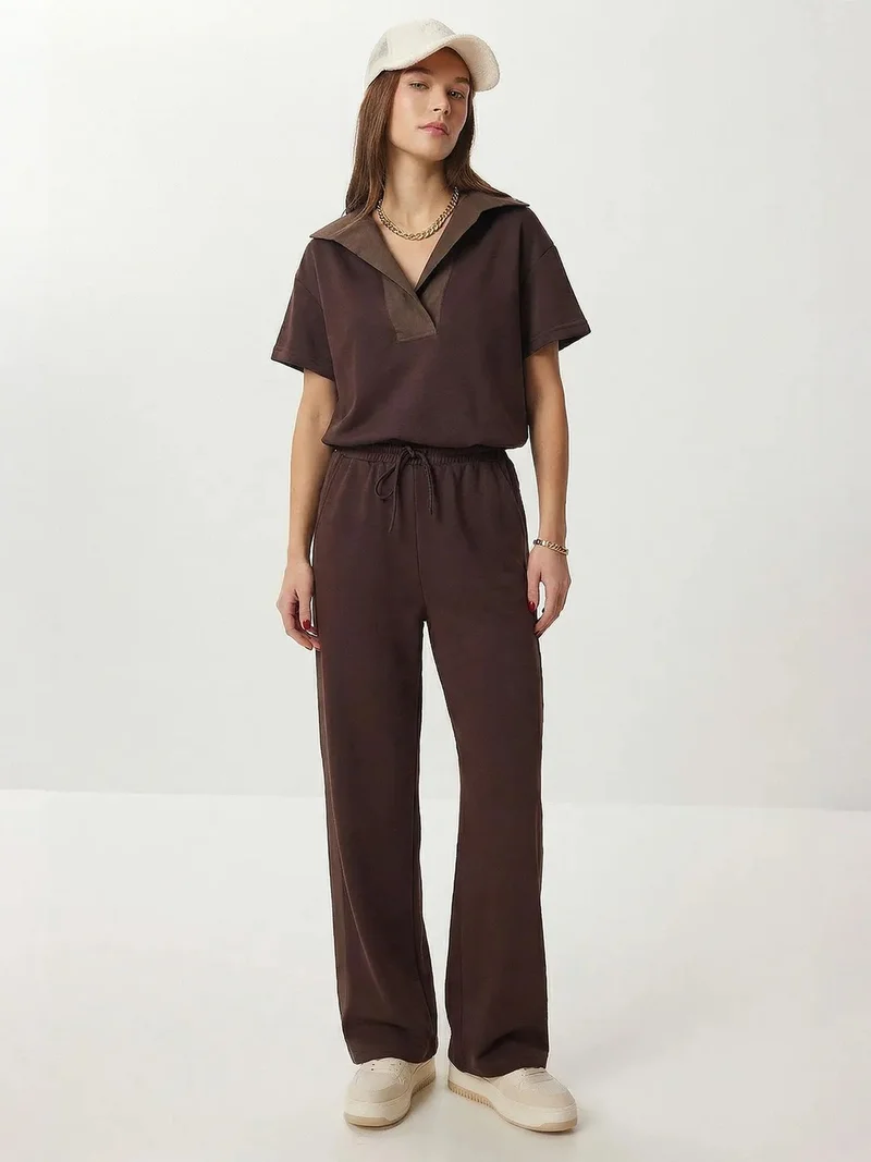 السعادة في إسطنبول ISTANBUL Polo Collar Blouse & Mid Waist Wide Leg Pants Two-Piece Set