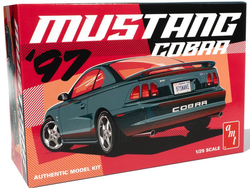 AMT 1997 Ford Mustang Cobra 1:25 Scale Model Kit â€“ Authentic V-8 Engine Detail, 90+ Parts, Functional Hood & Scoops, Rear Spoiler, Pad-Printed Goodyear Tires â€“ Skill Level 2 â€“ Paint & Glue Required - Image 1