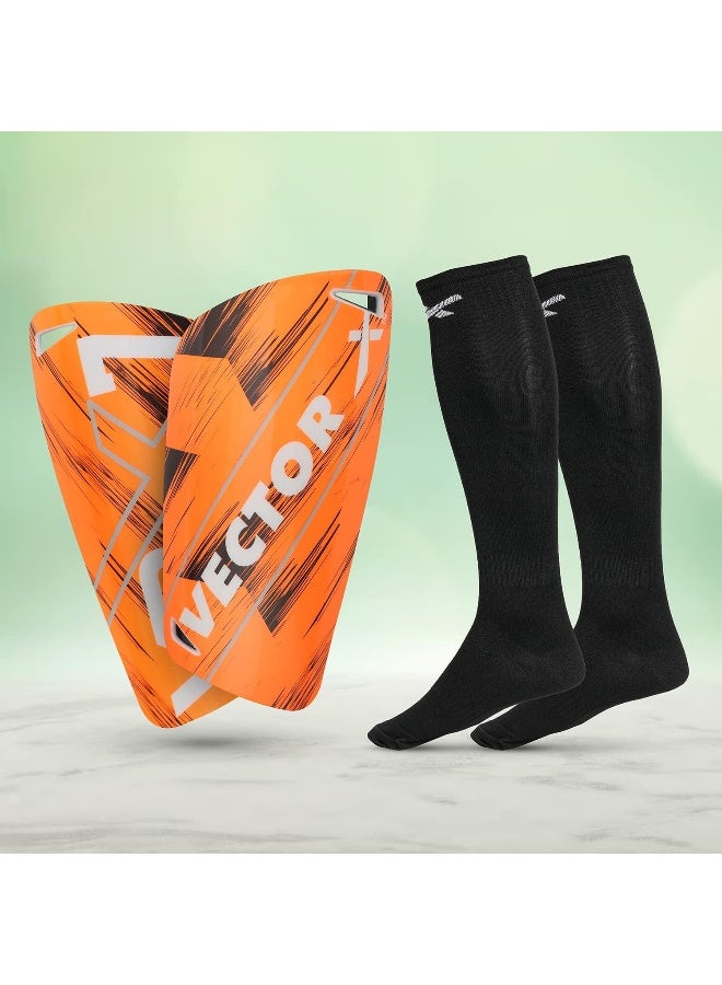 Vector X VRX7 Football Shin Guard with Socks Combo – Protective Gear for Youth & Adult Training & Matches, Medium Size, High Durability, Orange-Black - Image 1