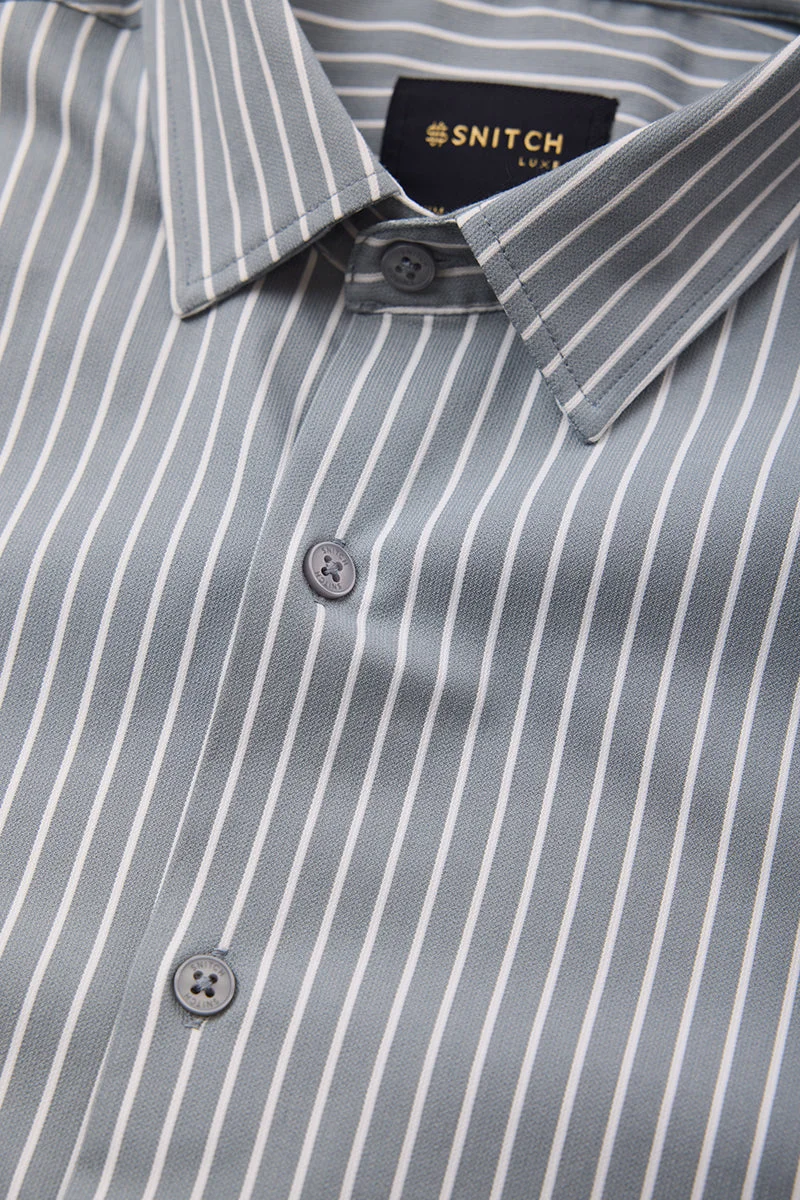 SNITCH Grey Striped Long Sleeve Slim Fit Formal Luxe Shirt