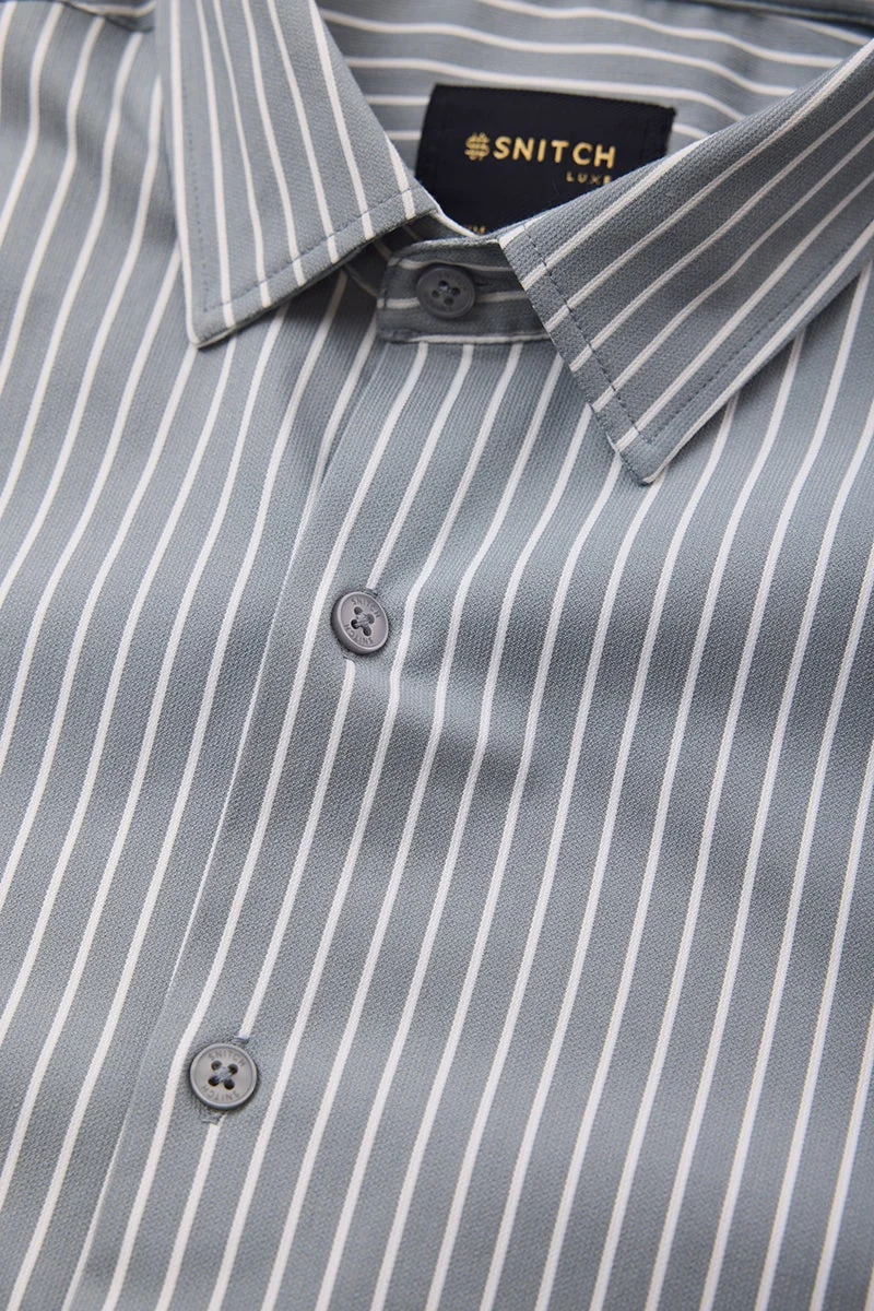 SNITCH Grey Striped Long Sleeve Slim Fit Formal Luxe Shirt