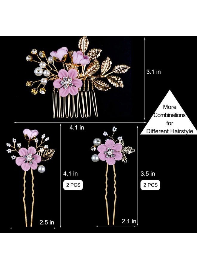 LAPOHI 5 PCS Bridal Flower Wedding Hair Pins Crystal Pearl Hair Clips Headpiece Gold Wedding Hair Accessories Jewelry with Rhinestone for Brides Bridesmaids Women Girls Updo, Romantic Lilac Purple - Image 2