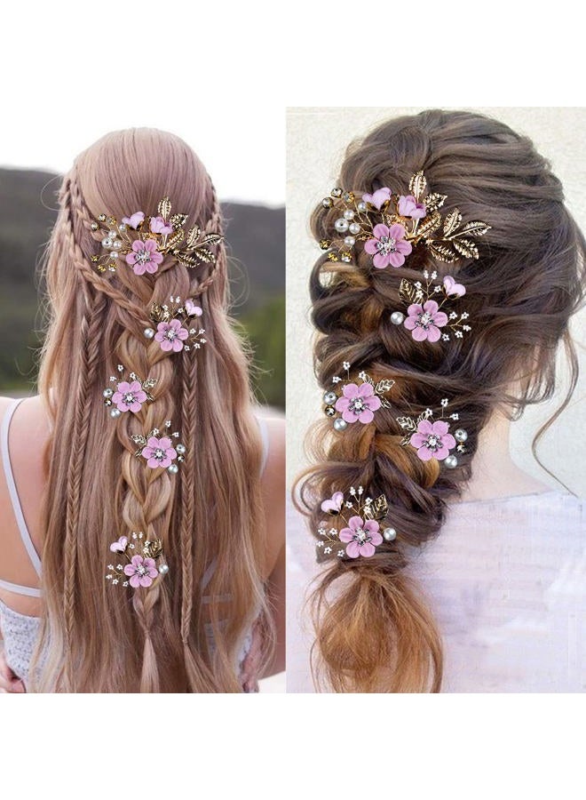 LAPOHI 5 PCS Bridal Flower Wedding Hair Pins Crystal Pearl Hair Clips Headpiece Gold Wedding Hair Accessories Jewelry with Rhinestone for Brides Bridesmaids Women Girls Updo, Romantic Lilac Purple - Image 5