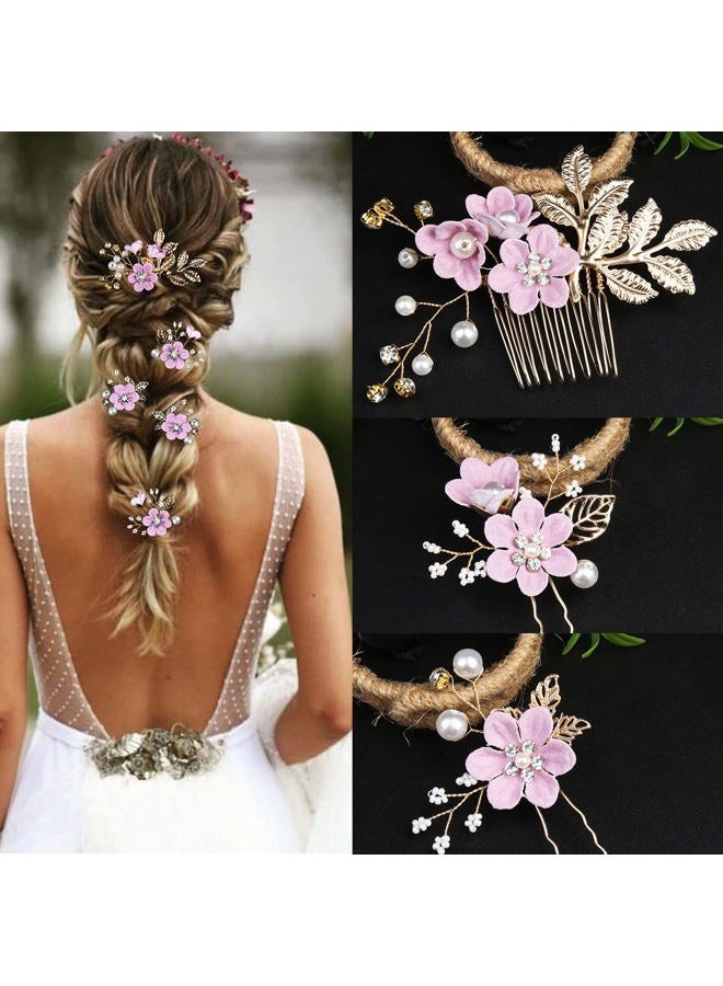LAPOHI 5 PCS Bridal Flower Wedding Hair Pins Crystal Pearl Hair Clips Headpiece Gold Wedding Hair Accessories Jewelry with Rhinestone for Brides Bridesmaids Women Girls Updo, Romantic Lilac Purple - Image 3