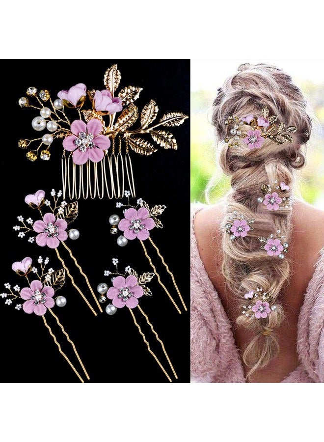 LAPOHI 5 PCS Bridal Flower Wedding Hair Pins Crystal Pearl Hair Clips Headpiece Gold Wedding Hair Accessories Jewelry with Rhinestone for Brides Bridesmaids Women Girls Updo, Romantic Lilac Purple - Image 1